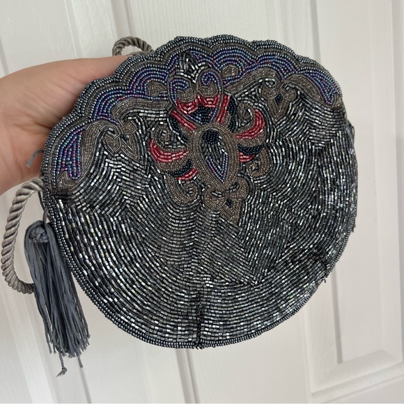 Vintage Retro Beaded Purse Bag Clutch Crossbody Shoulder bag Grey Purple Tassel - Picture 13 of 14